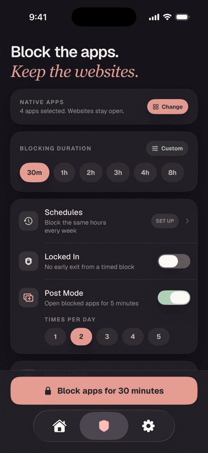 Unspiral's blocking screen showing app blocking ready with a duration selector.