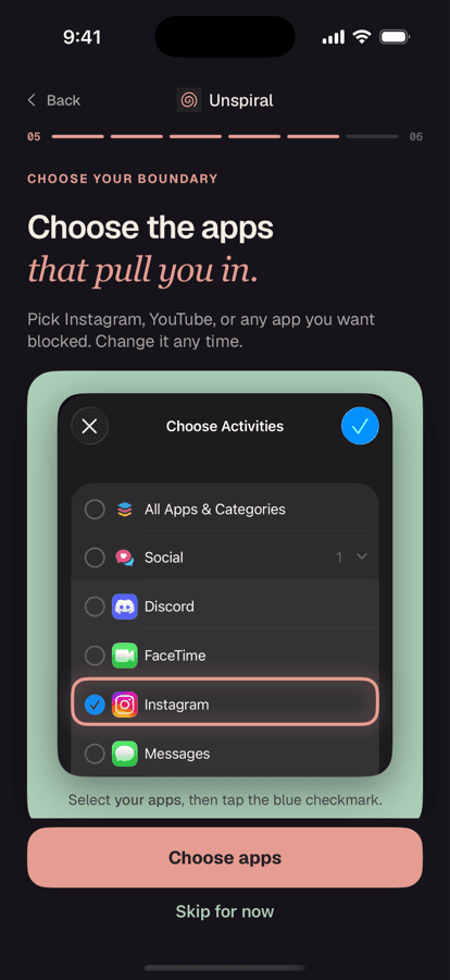 Unspiral onboarding screen for choosing which apps to block using Apple's picker.