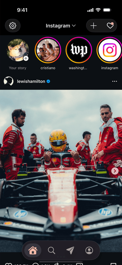 Instagram running inside Unspiral, with the settings gear visible in the top-left of the header.