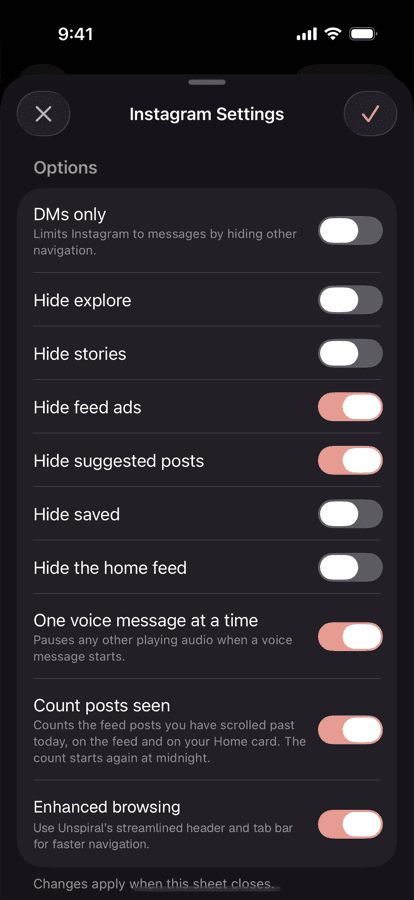 The Instagram Settings sheet in Unspiral showing the Hide explore toggle.