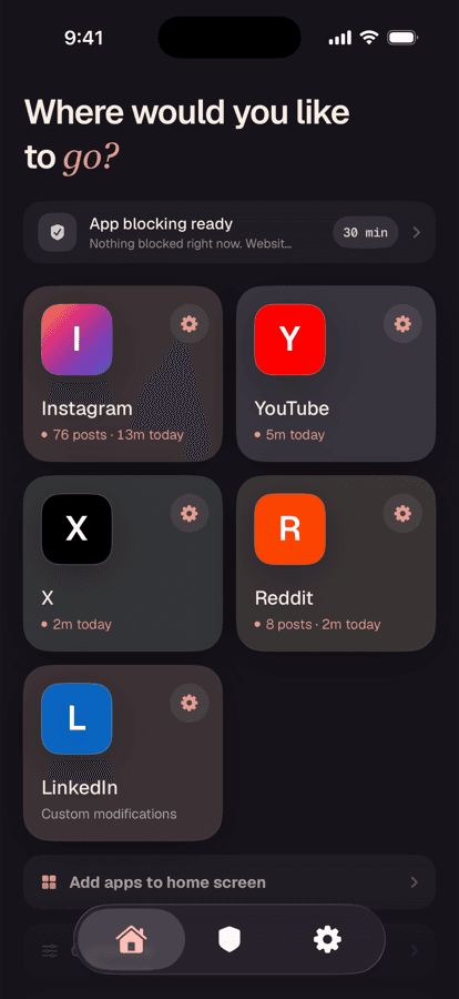 Unspiral's Home tab showing the Instagram card alongside YouTube, X, Reddit, and LinkedIn.