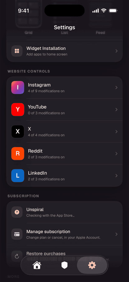 Unspiral Settings showing Website Controls with LinkedIn listed as 2 of 3 modifications on.