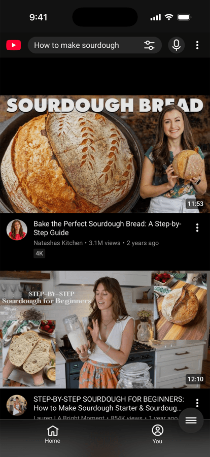 YouTube search results for "How to make sourdough" inside Unspiral, showing only full-length videos and a bottom bar with just Home and You.